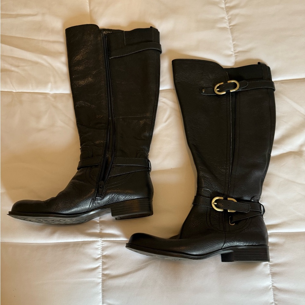 Naturalizer Black Leather Knee-High Boots Wide Calf size 6.5 Gold Buckle